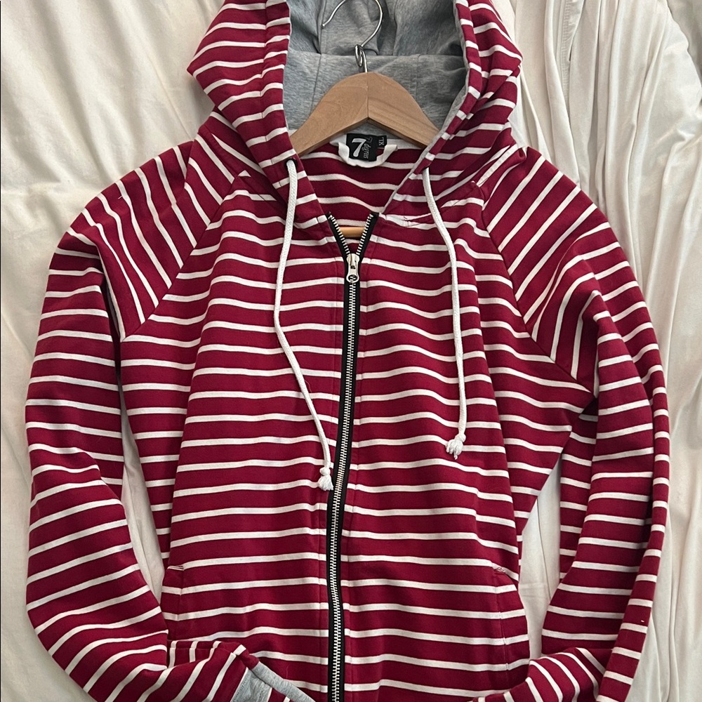 7 Degrees Twisted Peppermint - Red and White Striped Full-Zip Hoodie